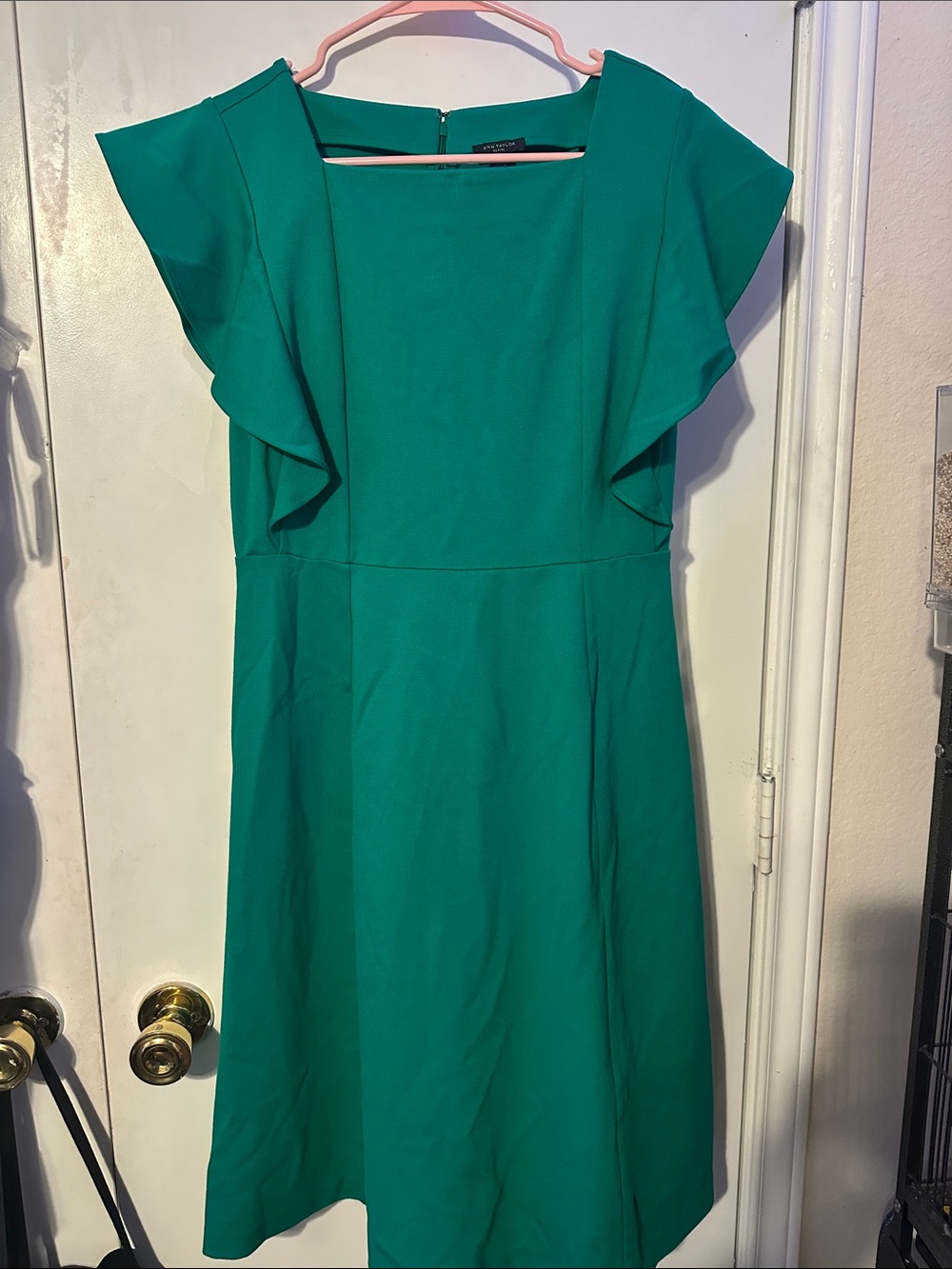 Ann Taylor Petite Green Ruffle Sleeve Fit & Flare Dress